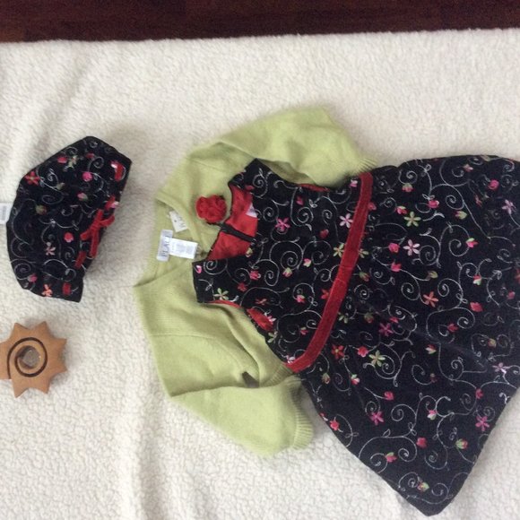 NWT 6-9 mos Baby Outfit Dress Hat Cardigan